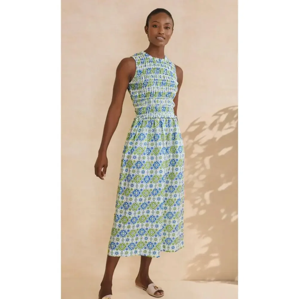 J. McLaughlin Ciri Smocked Sleeveless Midi Dress Linen Cotton Green Blue Print S - Picture 10 of 10